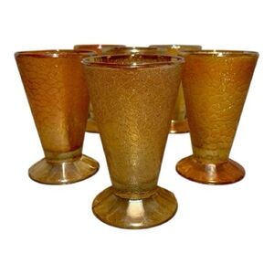 Vintage Jeanette Marigold Luster Glass Cracked Finish Footed Tumblers (6)